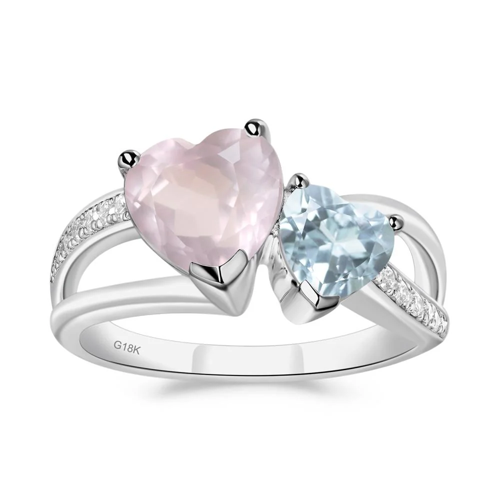 Heart Aquamarine and Rose Quartz Toi Et Moi Ring - Image 4