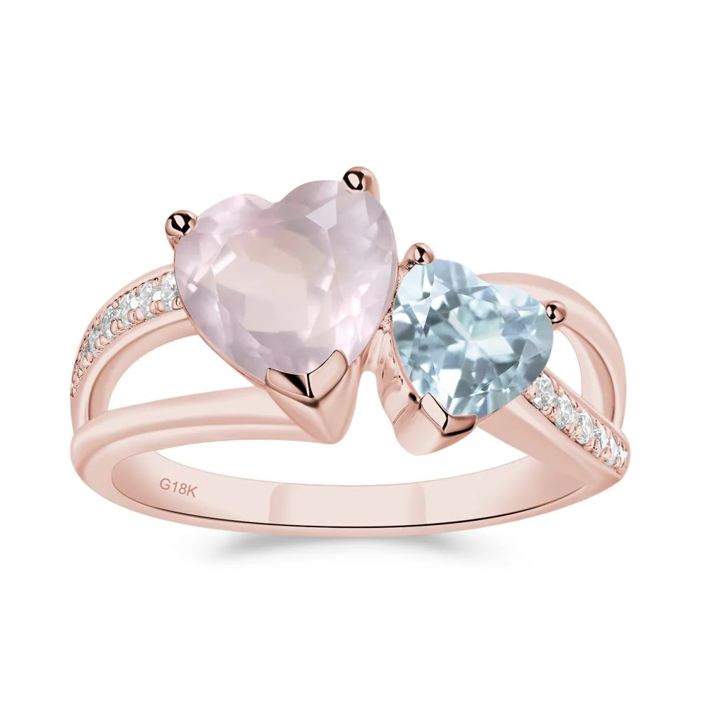 Heart Aquamarine and Rose Quartz Toi Et Moi Ring - Image 5