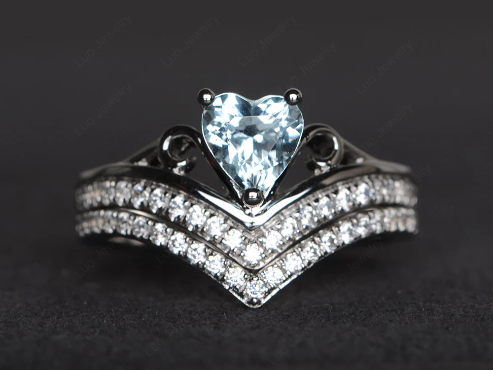 Heart Shaped Aquamarine Bridal Set Ring
