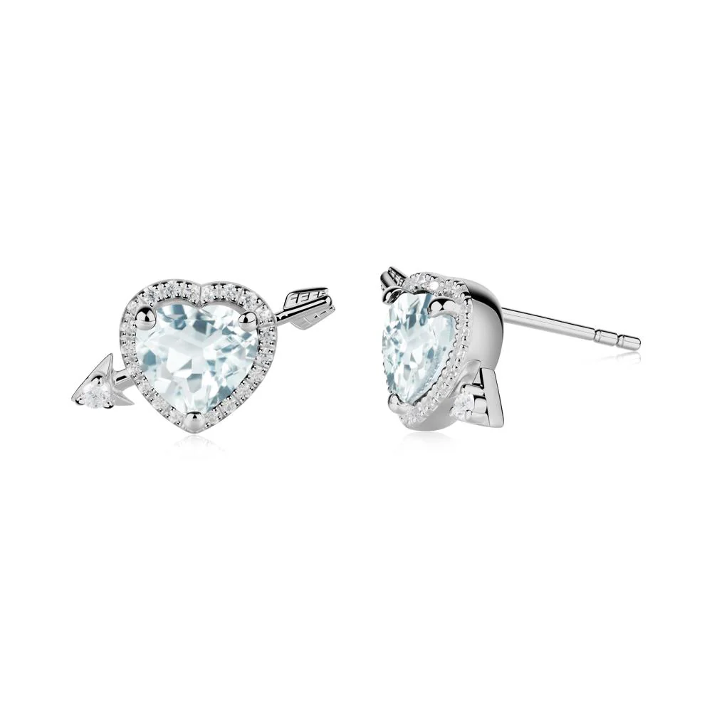 Heart Shaped Aquamarine Cupid's Arrow Stud Earrings - Image 4
