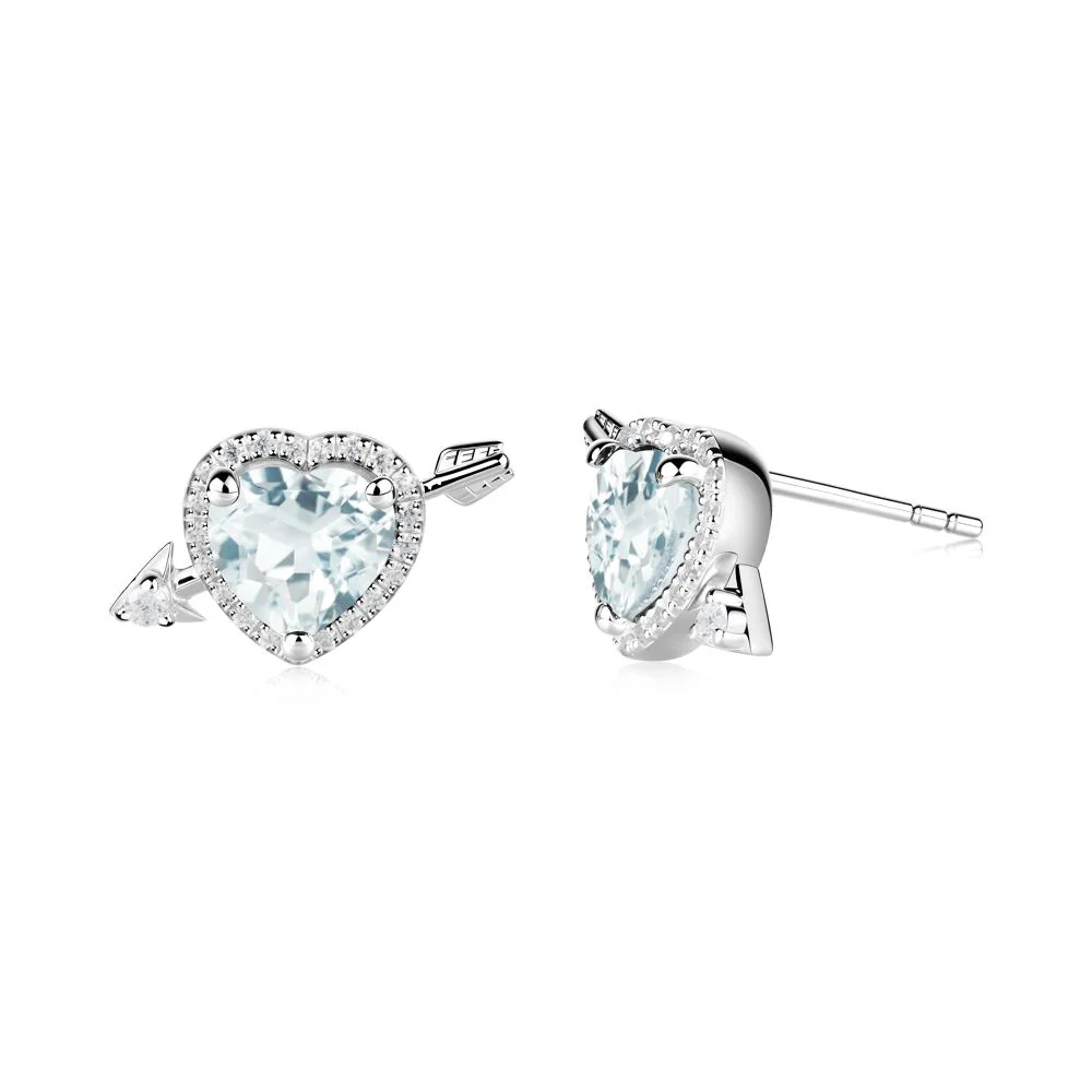 Heart Shaped Aquamarine Cupid's Arrow Stud Earrings - Image 7