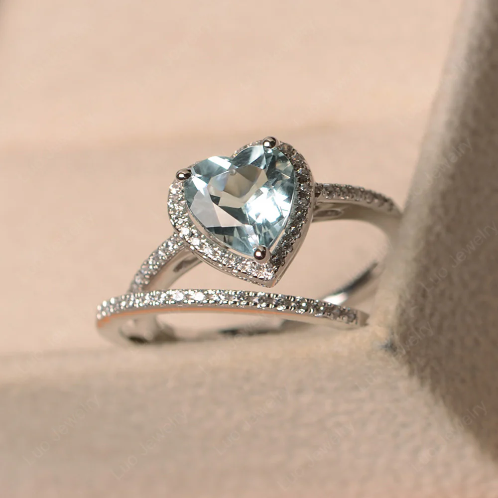 Heart Shaped Aquamarine Halo Bridal Ring Set