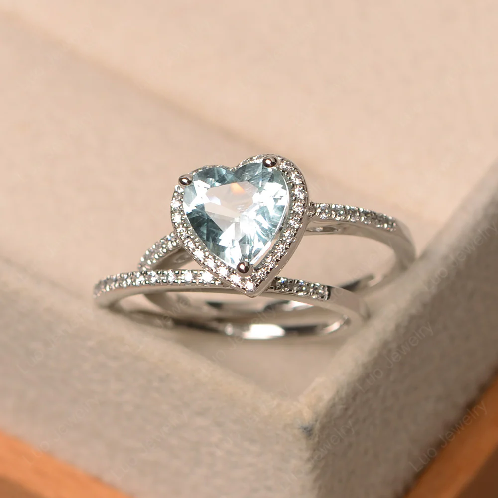 Heart Shaped Aquamarine Halo Bridal Ring Set - Image 2