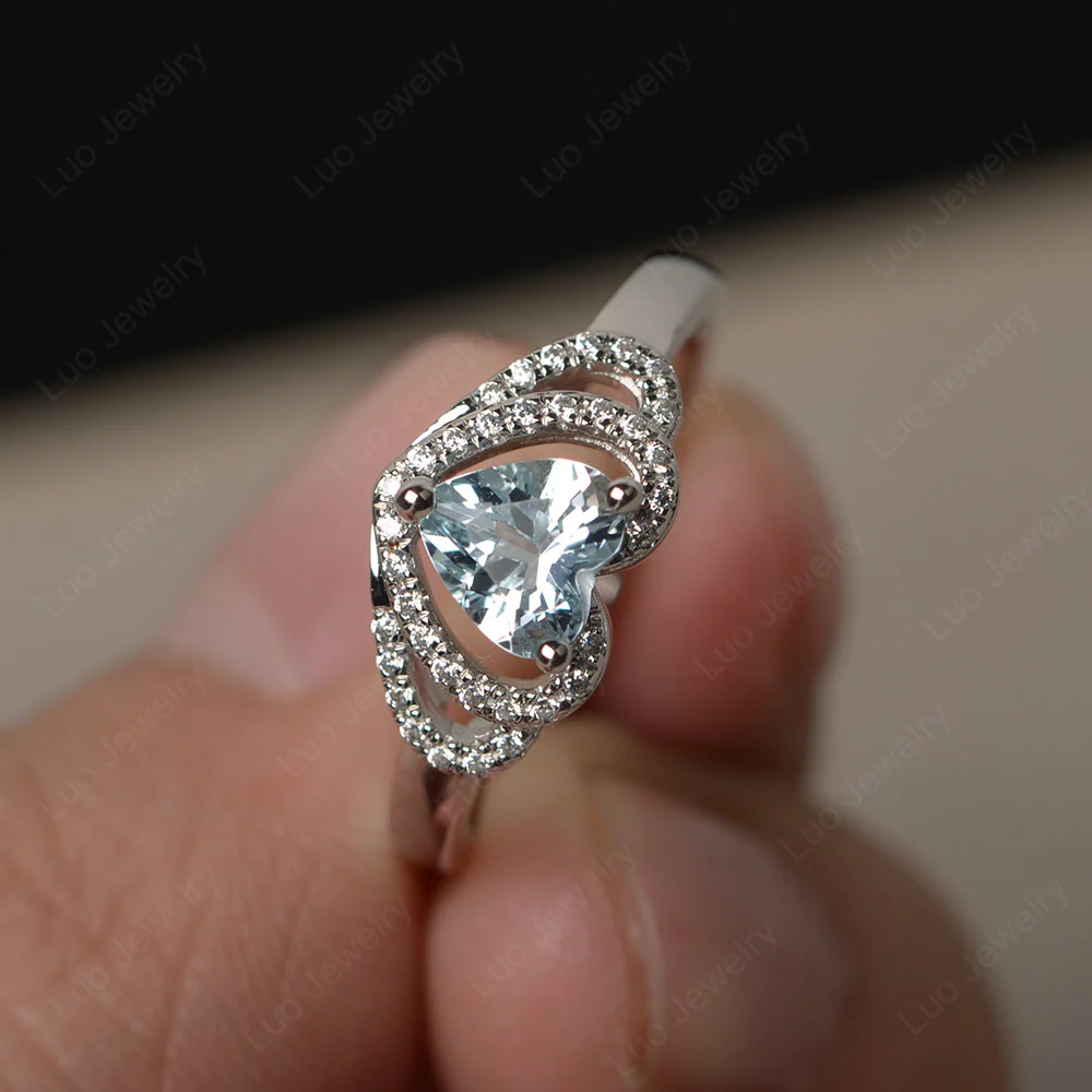 Aquamarine Double Halo Heart Ring