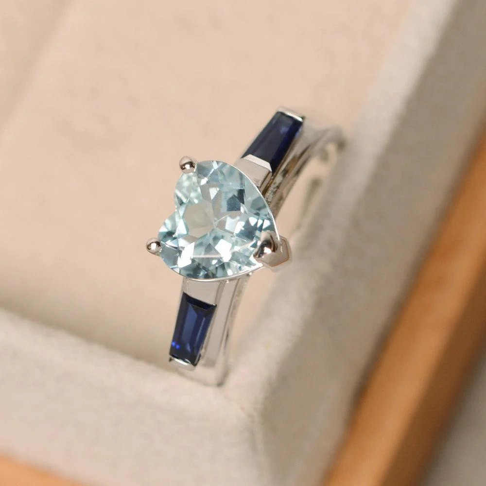 Heart Shaped Aquamarine Ring with Baguette