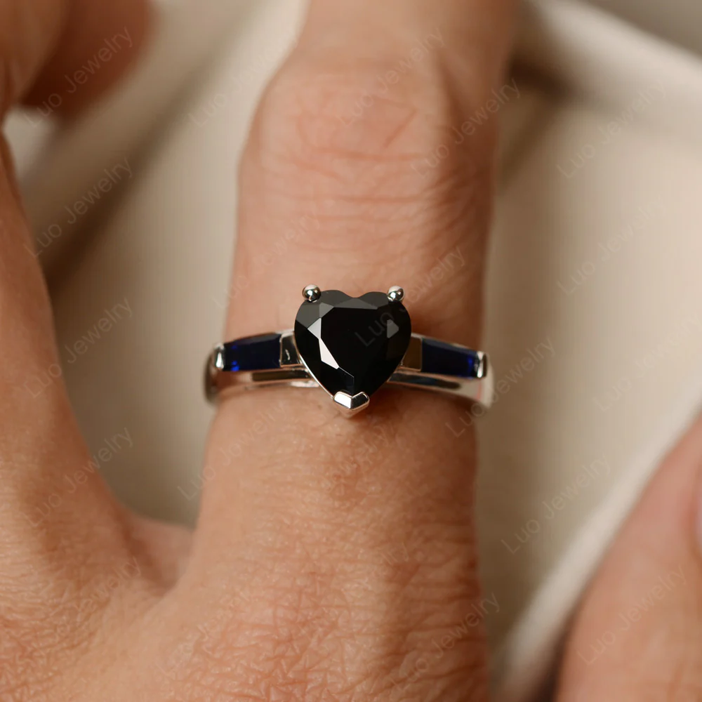 Heart Shaped Black Spinel Ring with Baguette - Image 4