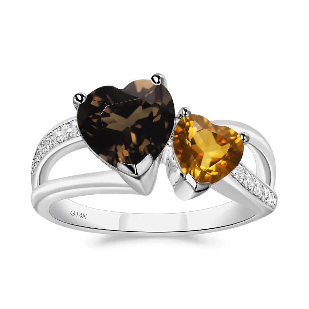 Citrine and Smoky Quartz Heart Toi Et Moi Ring