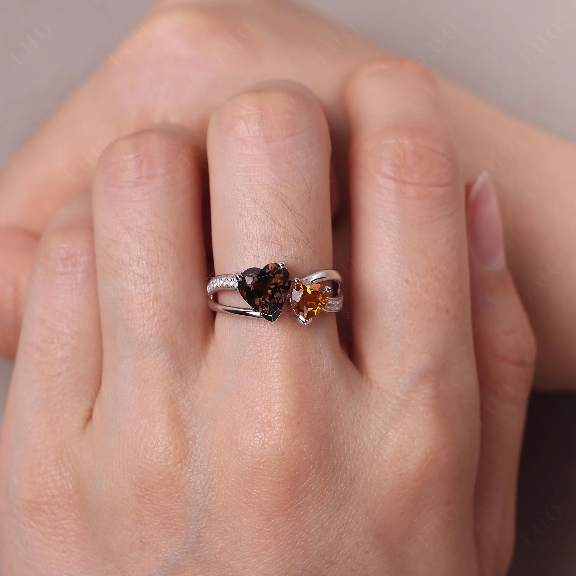 Citrine and Smoky Quartz Heart Toi Et Moi Ring - Image 33