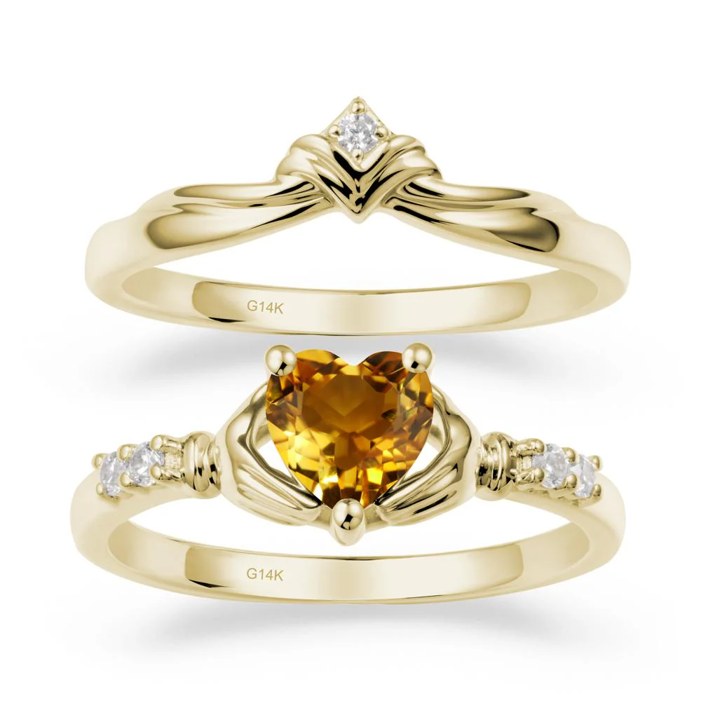 Heart Shaped Citrine Claddagh Wedding Band Sets
