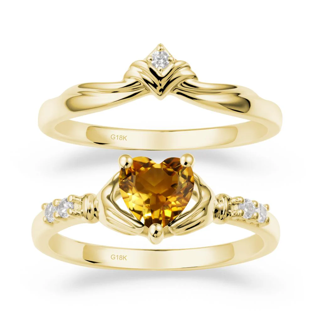 Heart Shaped Citrine Claddagh Wedding Band Sets - Image 6