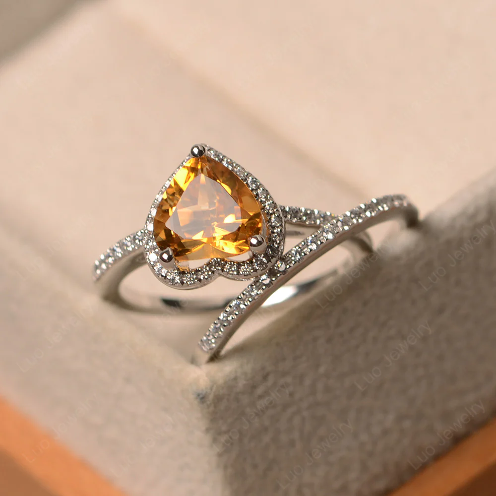 Heart Shaped Citrine Halo Bridal Ring Set - Image 2