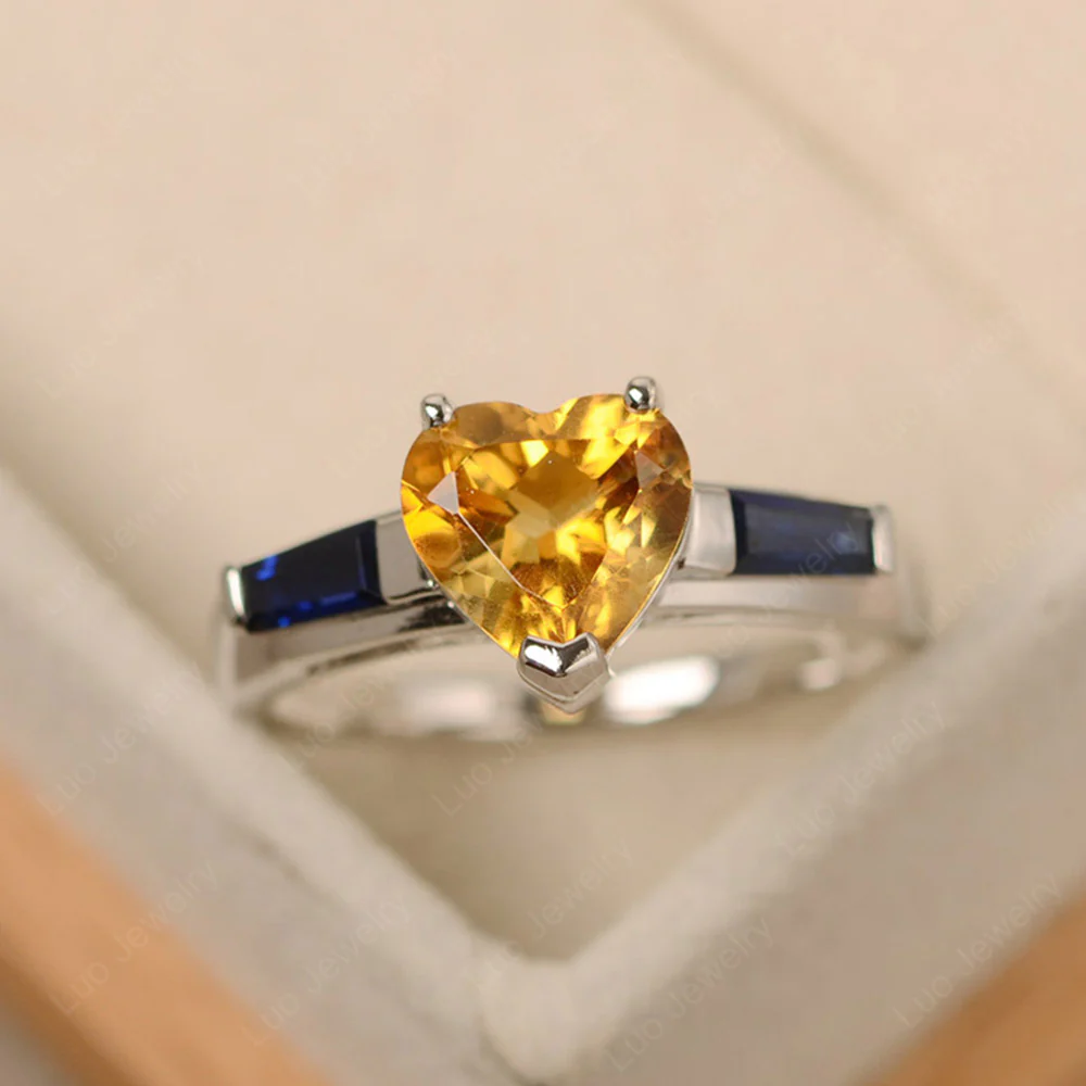 Heart Shaped Citrine and Sapphire Ring with Baguette