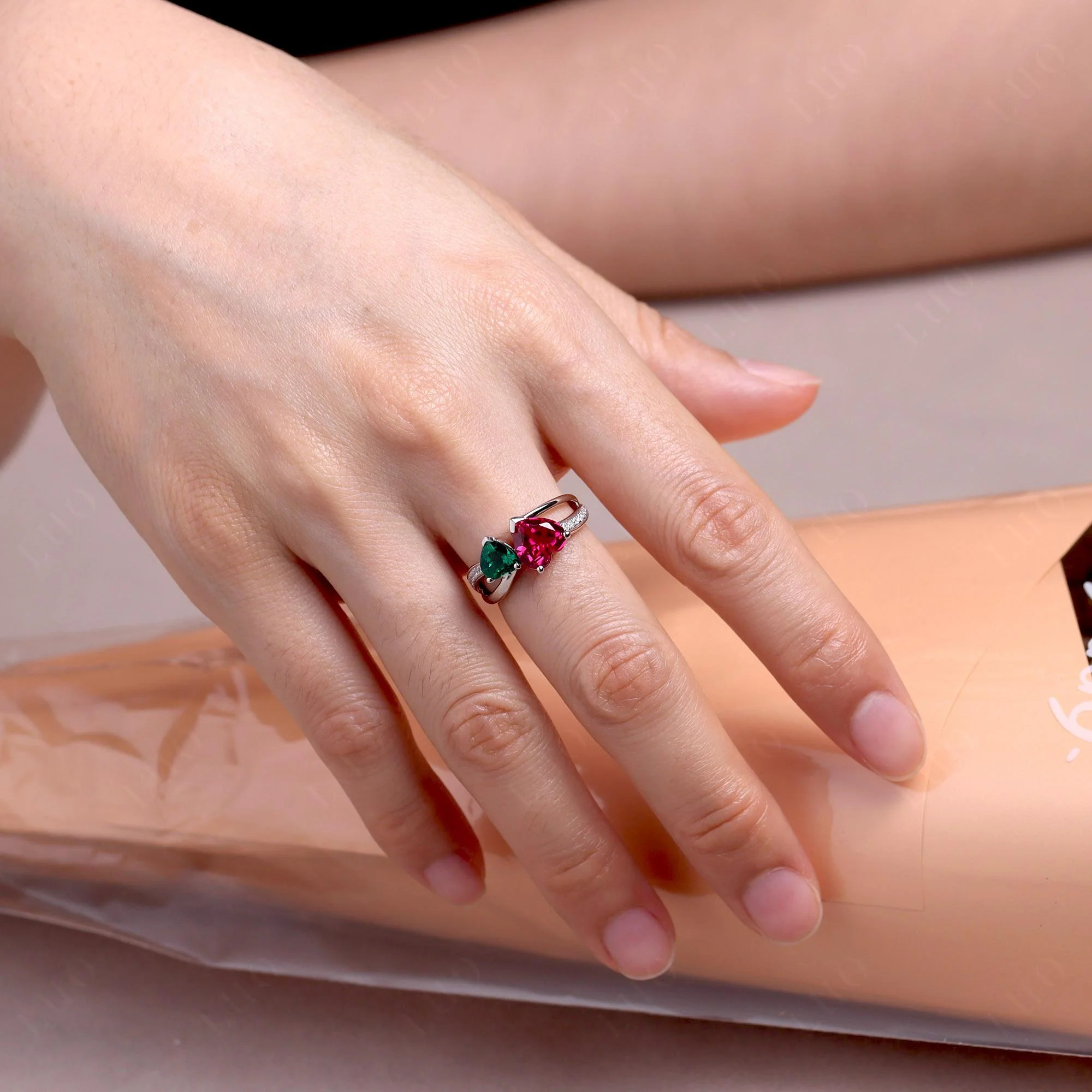 Emerald and Ruby Two Heart Ring - Image 34