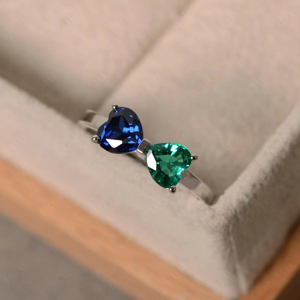 Two Stone Heart Emerald and Sapphire Ring - Image 10