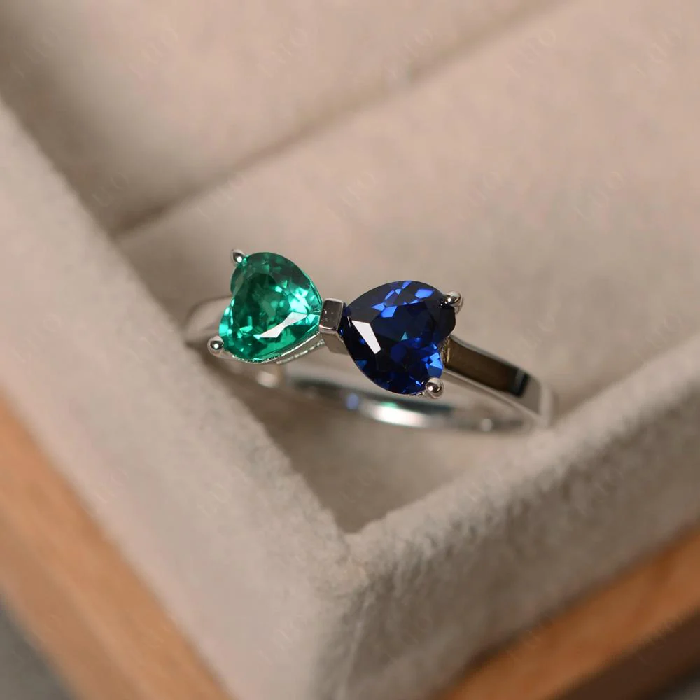Two Stone Heart Emerald and Sapphire Ring - Image 11