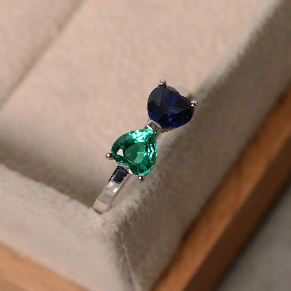 Two Stone Heart Emerald and Sapphire Ring - Image 12