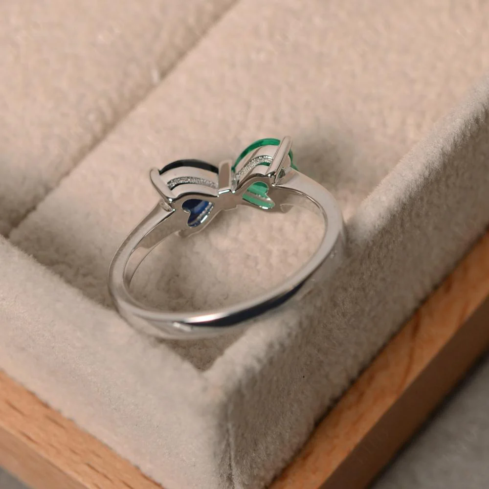 Two Stone Heart Emerald and Sapphire Ring - Image 13