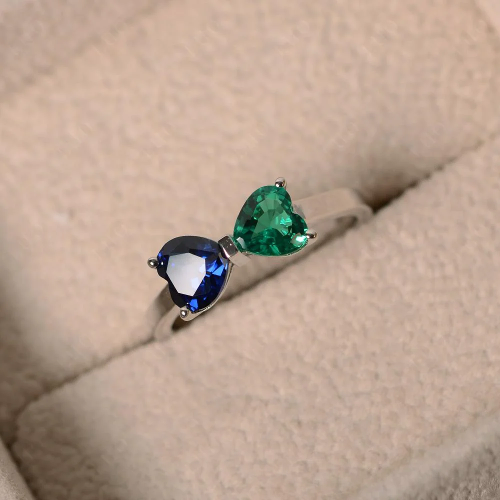 Two Stone Heart Emerald and Sapphire Ring - Image 14