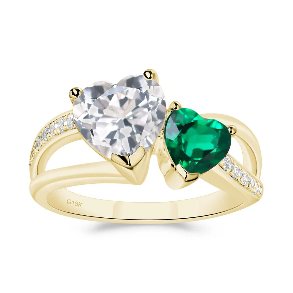 Heart Emerald and White Topaz Toi Et Moi Ring - Image 2