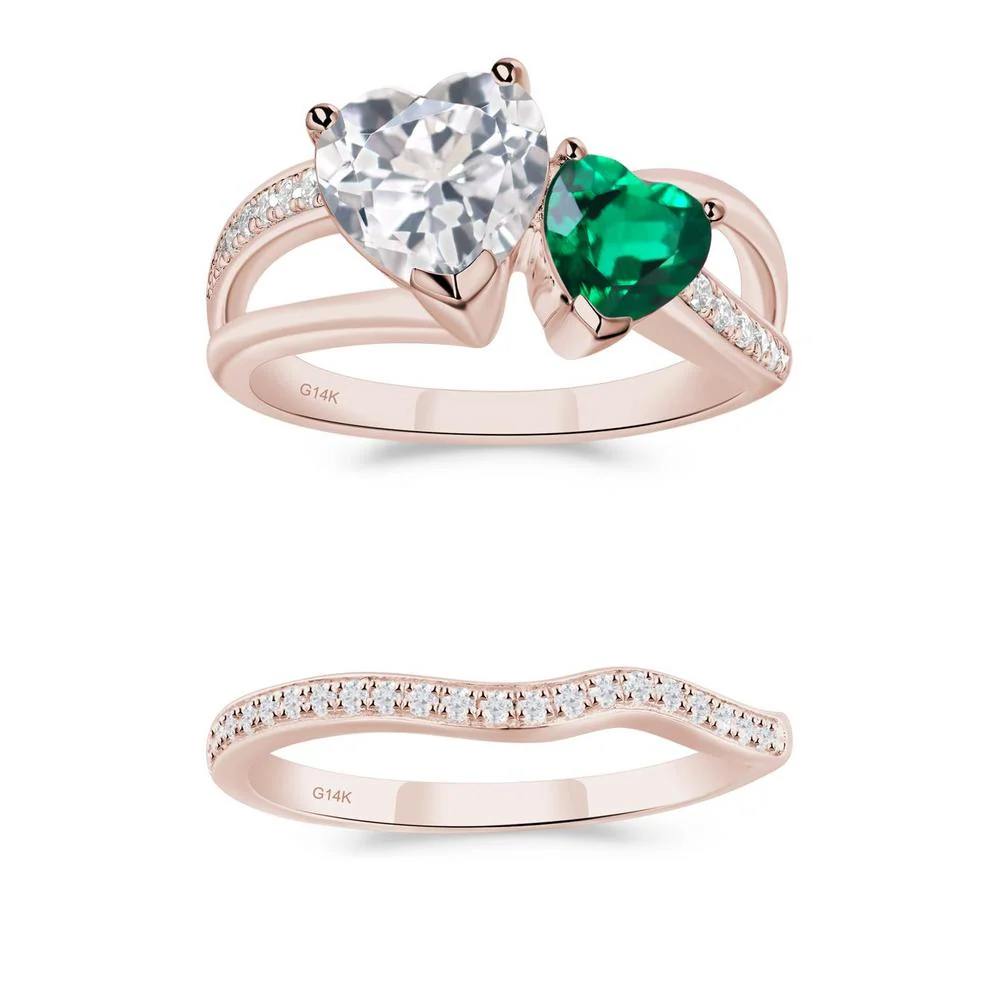 Heart Emerald and White Topaz Toi Et Moi Ring - Image 21