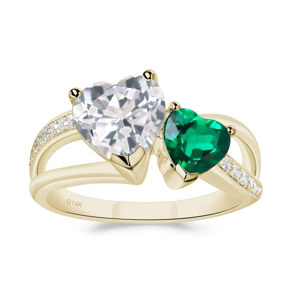 Heart Emerald and White Topaz Toi Et Moi Ring - Image 3