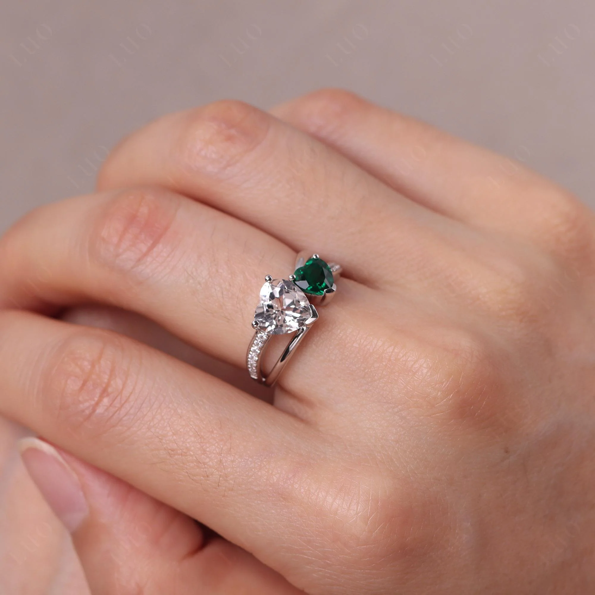 Heart Emerald and White Topaz Toi Et Moi Ring - Image 33