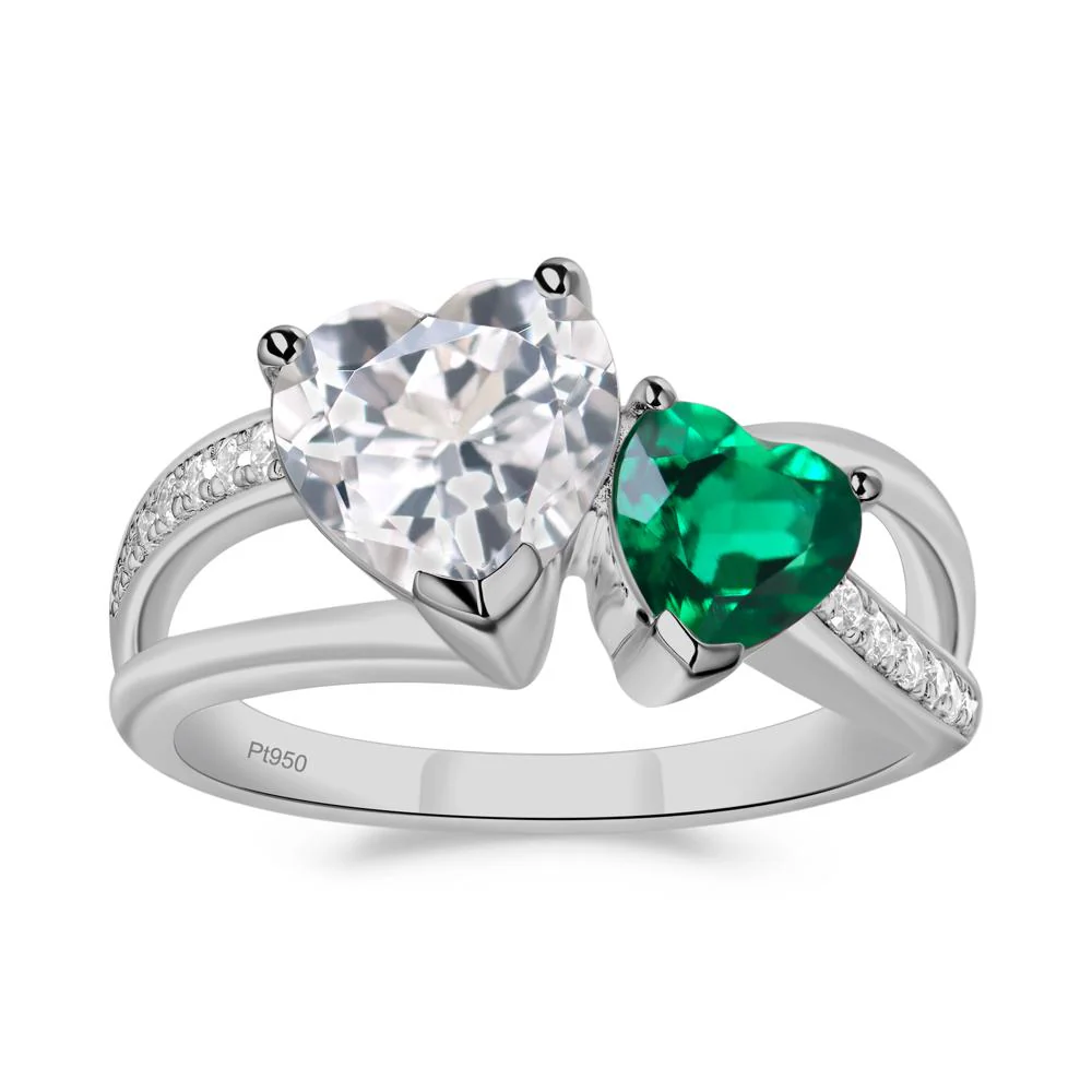 Heart Emerald and White Topaz Toi Et Moi Ring - Image 4