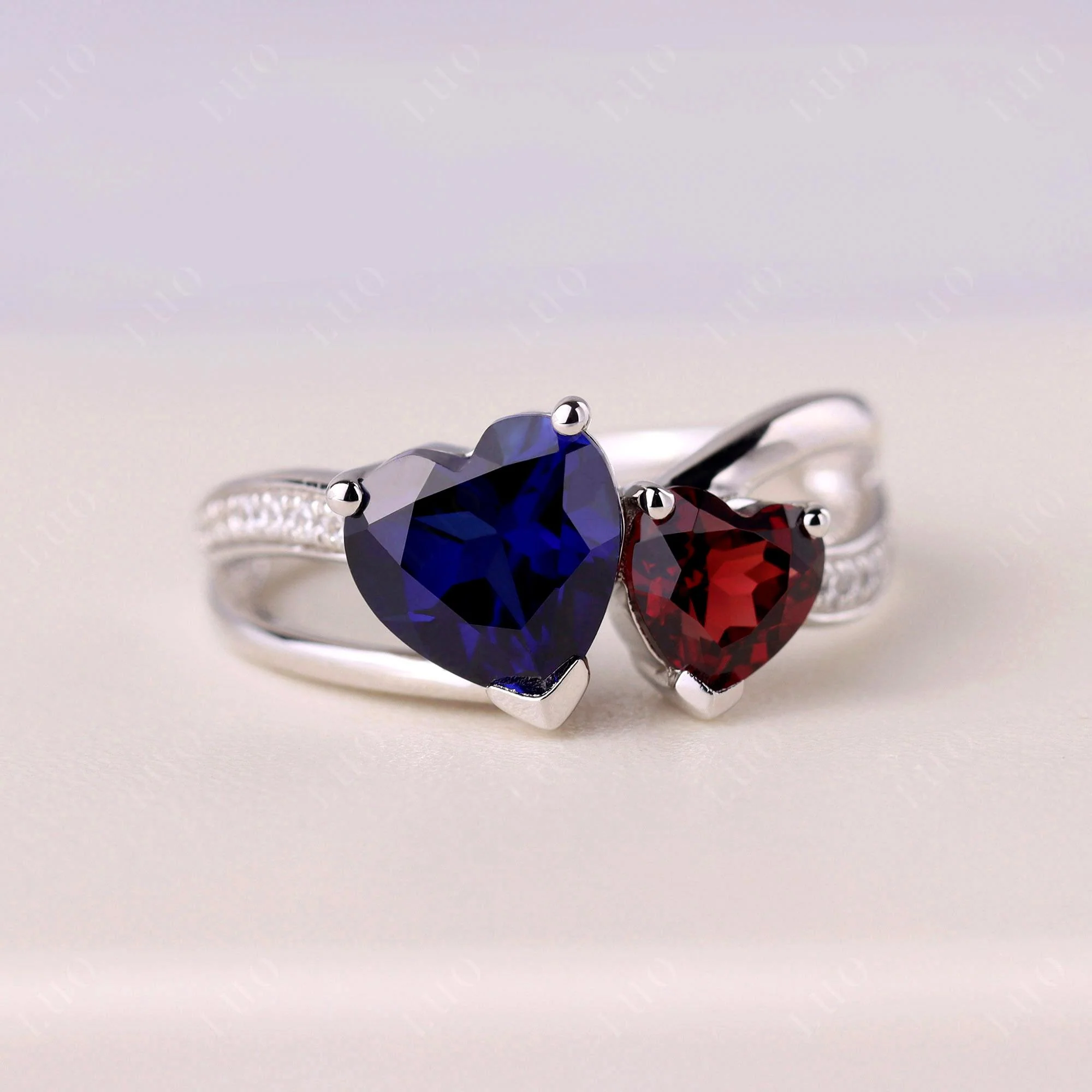 Garnet and Sapphire Heart Toi Et Moi Ring - Image 29