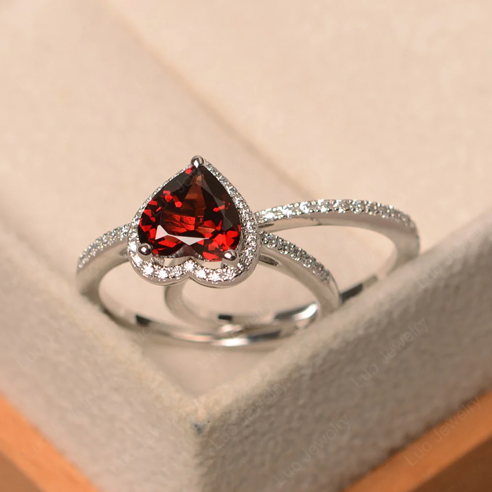 Heart Shaped Garnet Halo Bridal Ring Set - Image 2