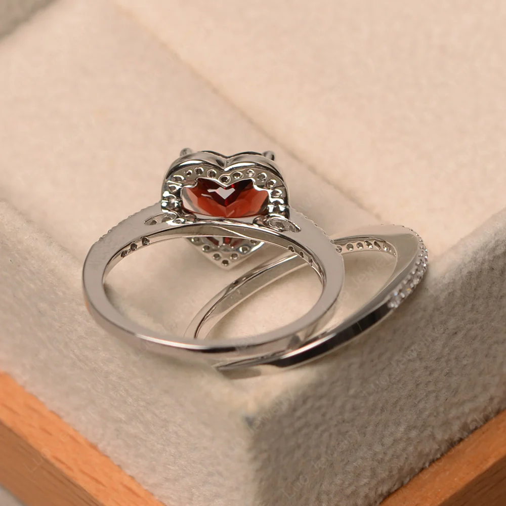 Heart Shaped Garnet Halo Bridal Ring Set - Image 3