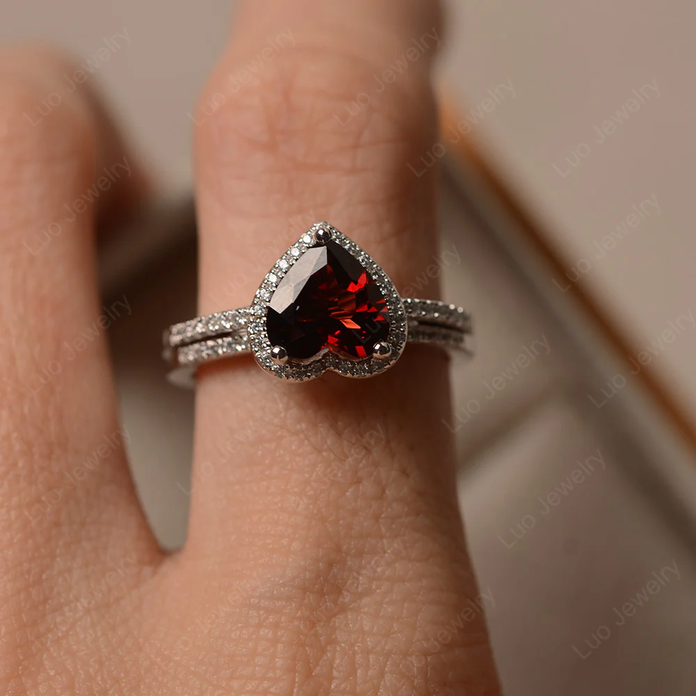 Heart Shaped Garnet Halo Bridal Ring Set - Image 4