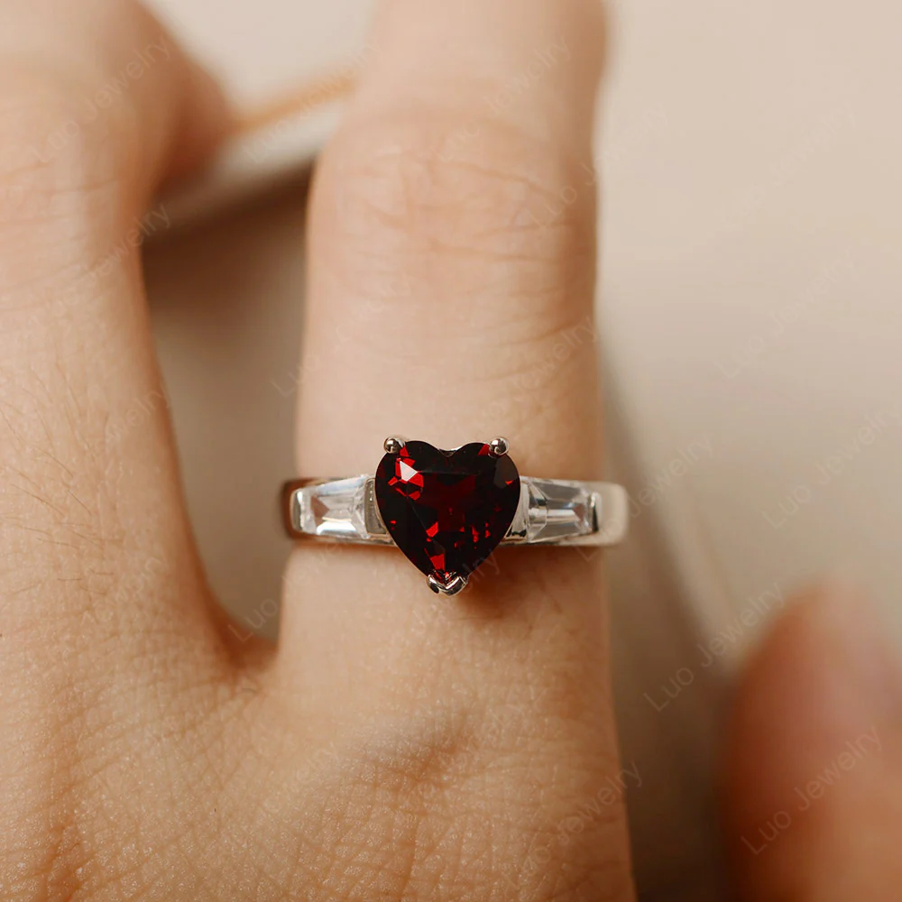 Heart Shaped Garnet Ring with Baguette - Image 4