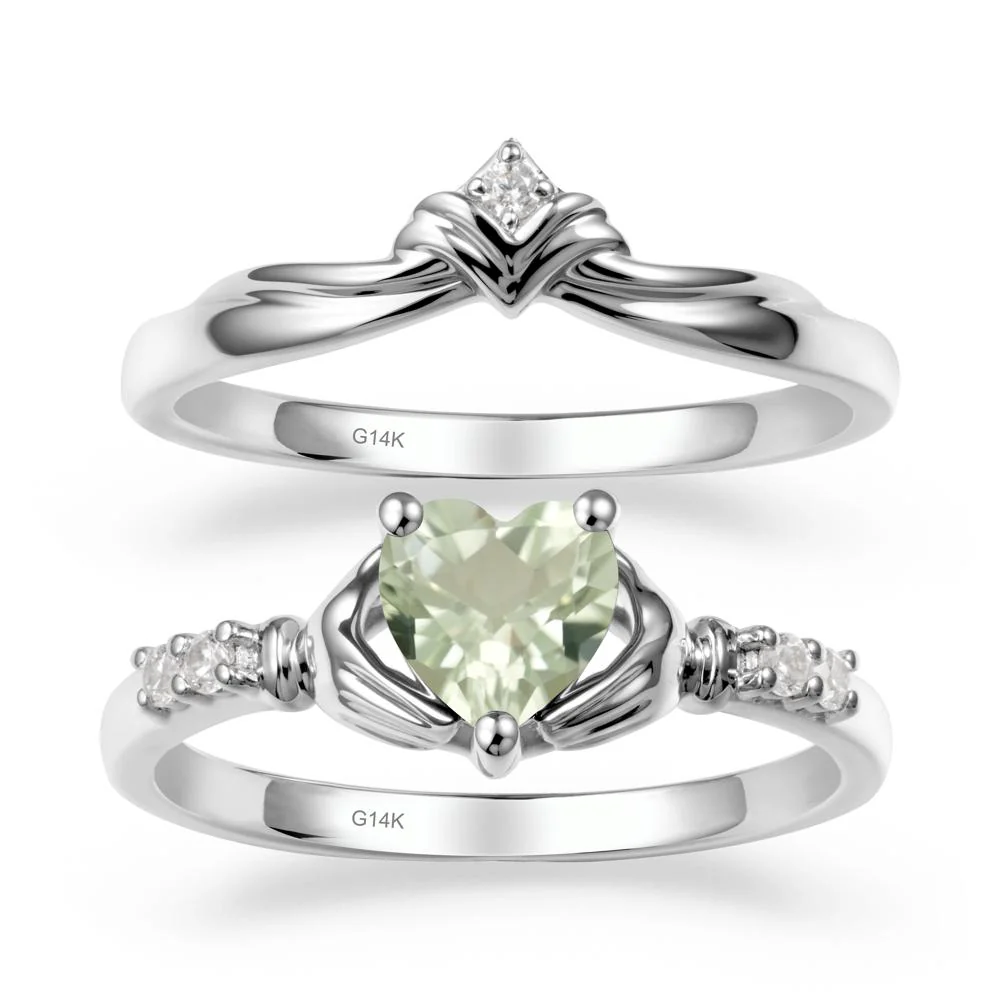 Heart Shaped Green Amethyst Claddagh Wedding Band Sets - Image 2
