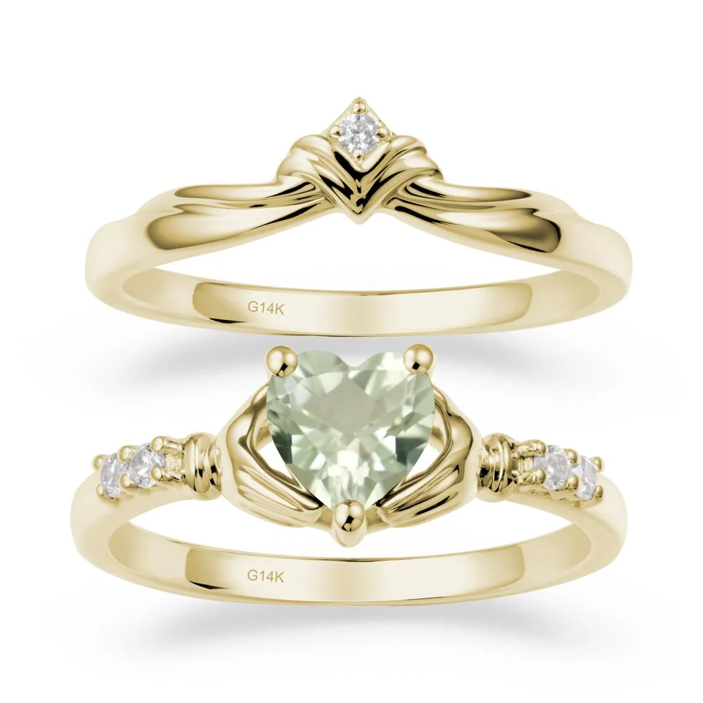 Heart Shaped Green Amethyst Claddagh Wedding Band Sets - Image 3