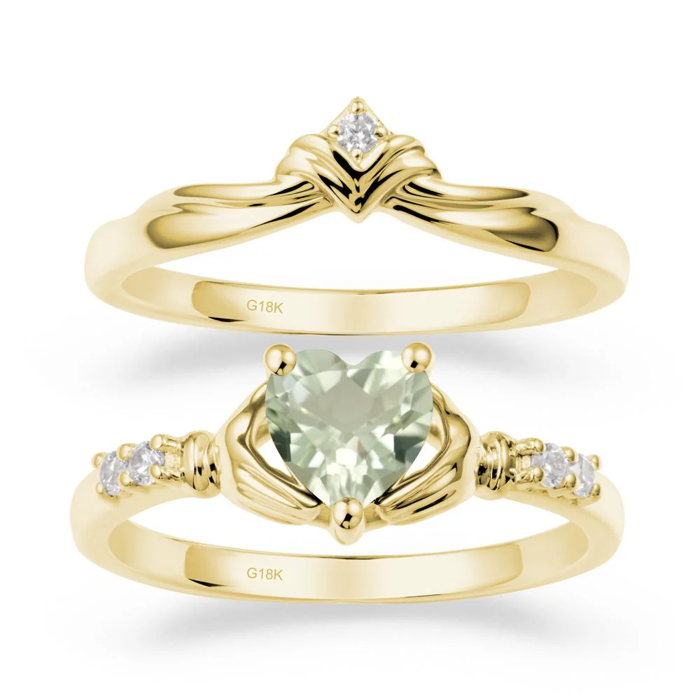 Heart Shaped Green Amethyst Claddagh Wedding Band Sets - Image 6