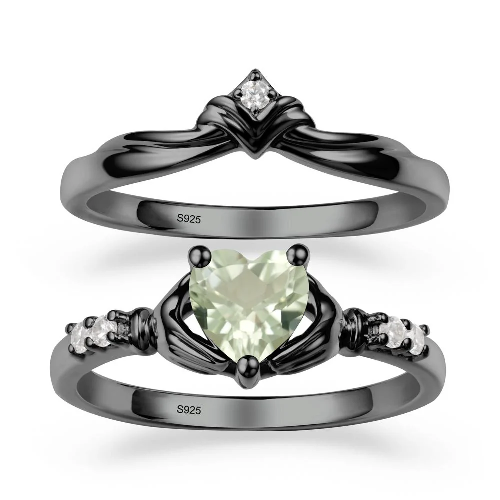 Heart Shaped Green Amethyst Claddagh Wedding Band Sets - Image 7