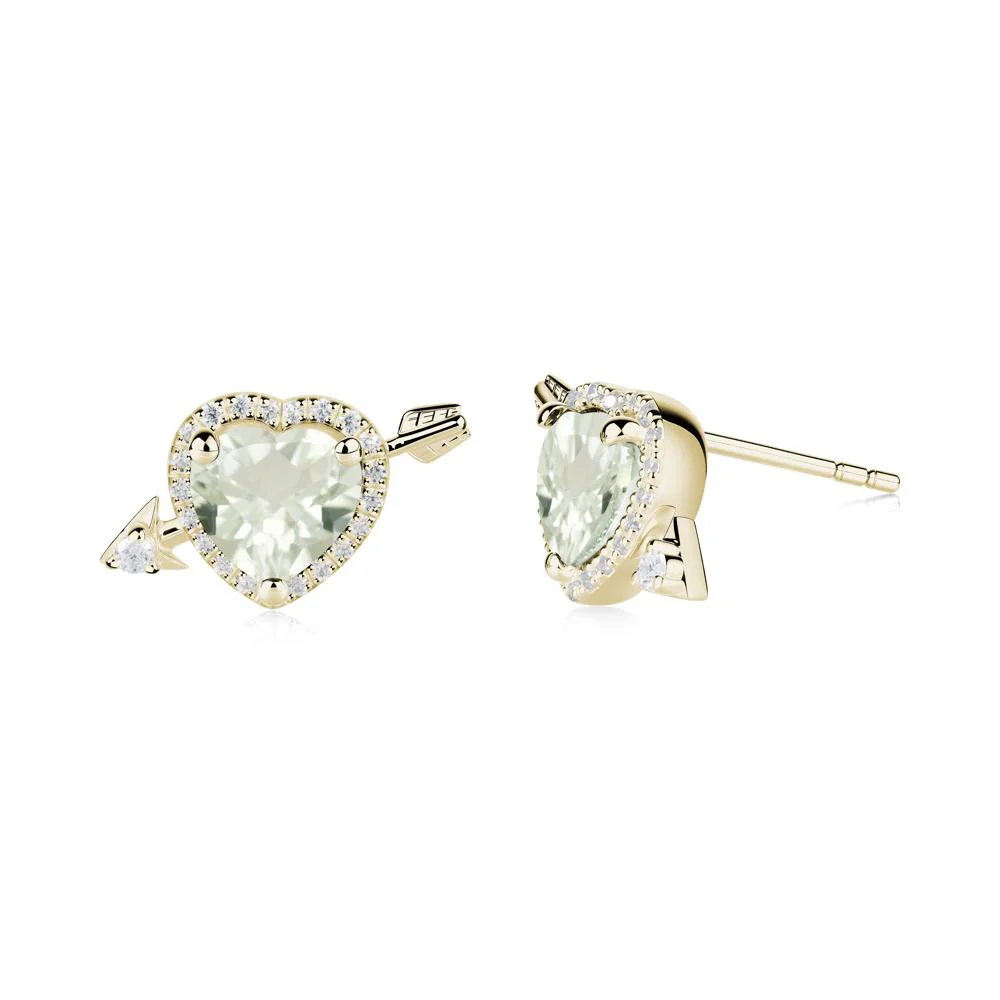 Heart Shaped Green Amethyst Cupid's Arrow Stud Earrings - Image 2
