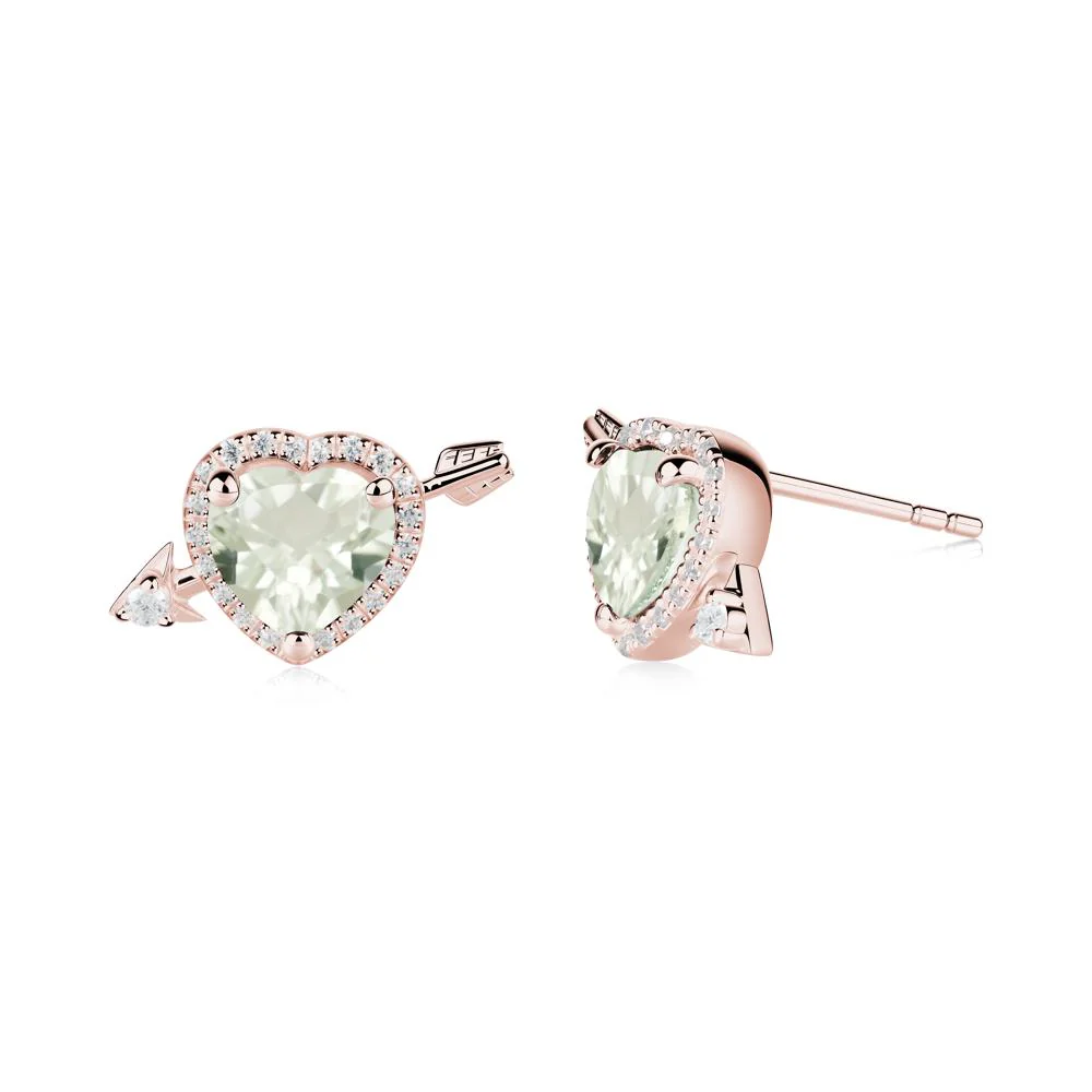 Heart Shaped Green Amethyst Cupid's Arrow Stud Earrings - Image 4