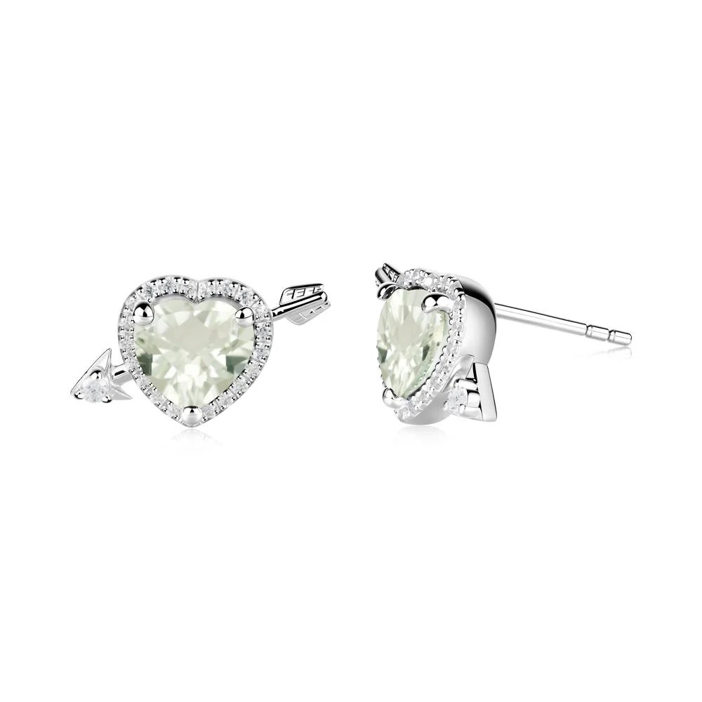 Heart Shaped Green Amethyst Cupid's Arrow Stud Earrings - Image 7
