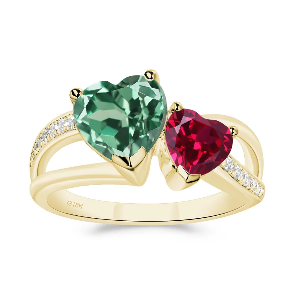 Heart Green Sapphire and Ruby Toi Et Moi Ring