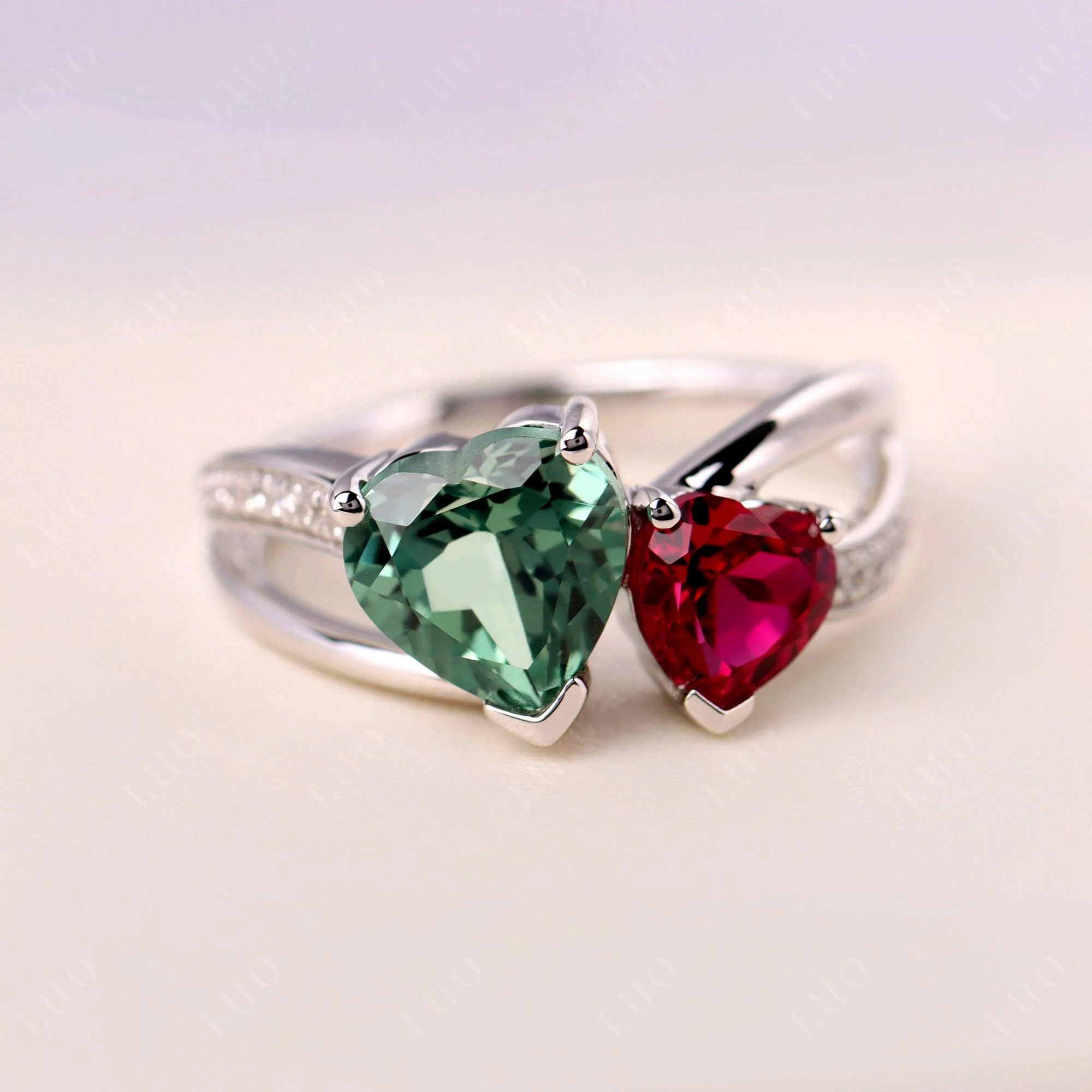 Heart Green Sapphire and Ruby Toi Et Moi Ring - Image 29