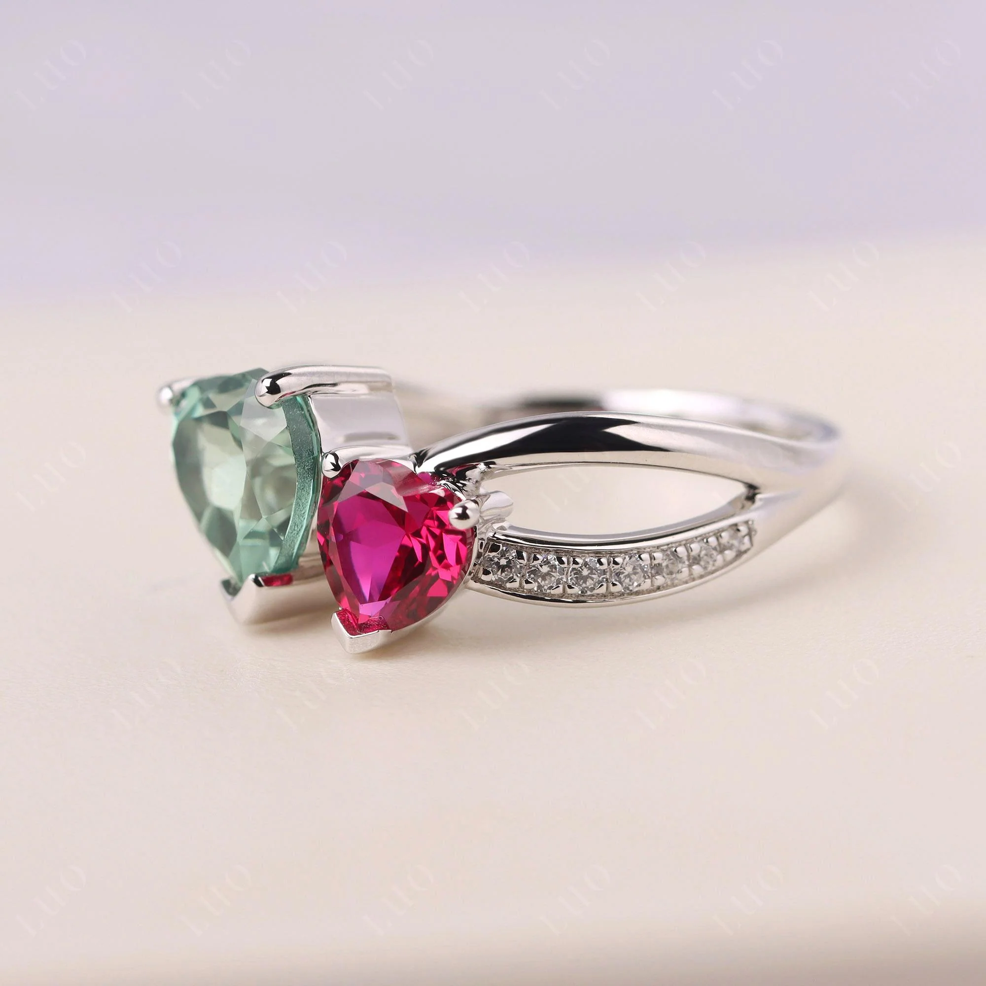 Heart Green Sapphire and Ruby Toi Et Moi Ring - Image 30