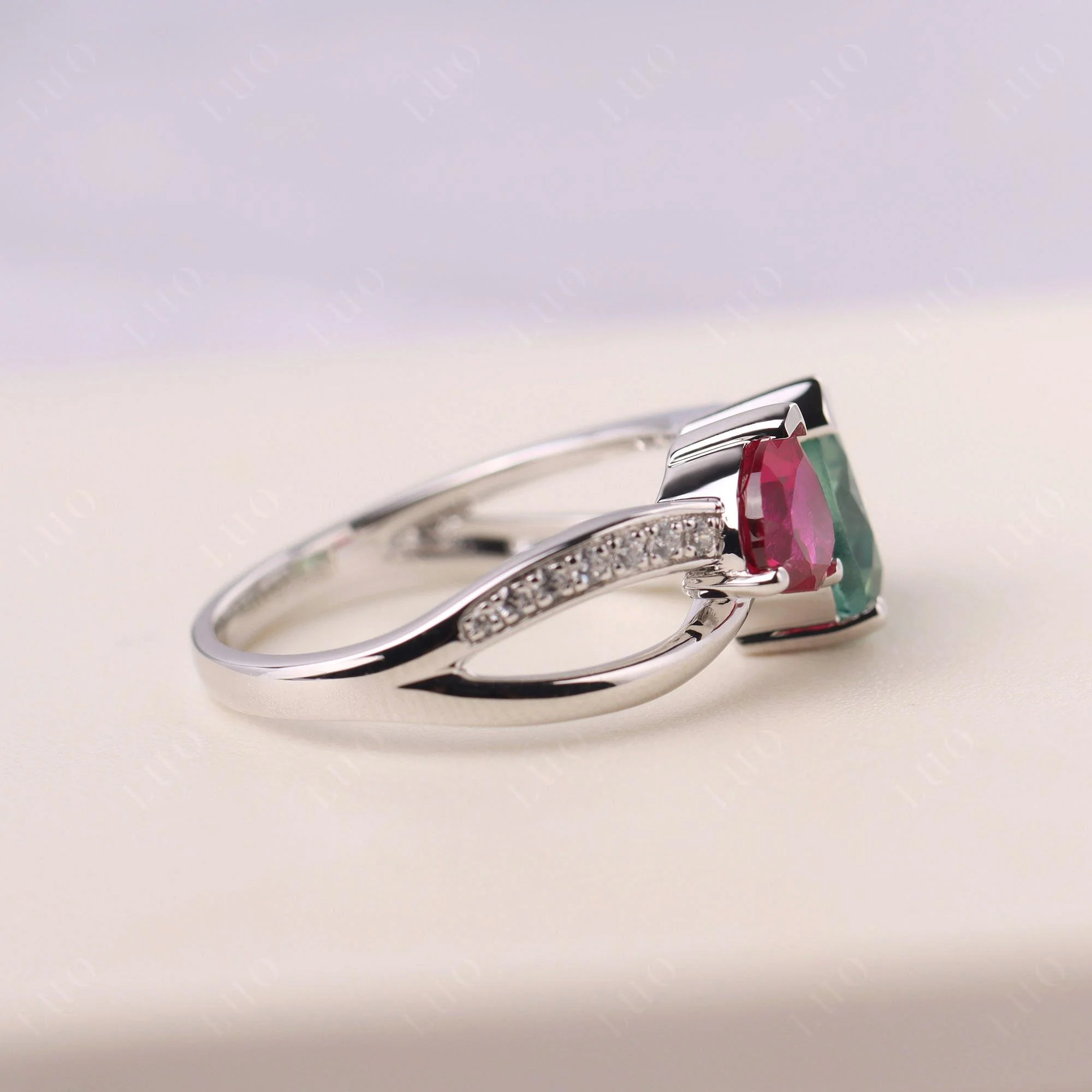 Heart Green Sapphire and Ruby Toi Et Moi Ring - Image 32