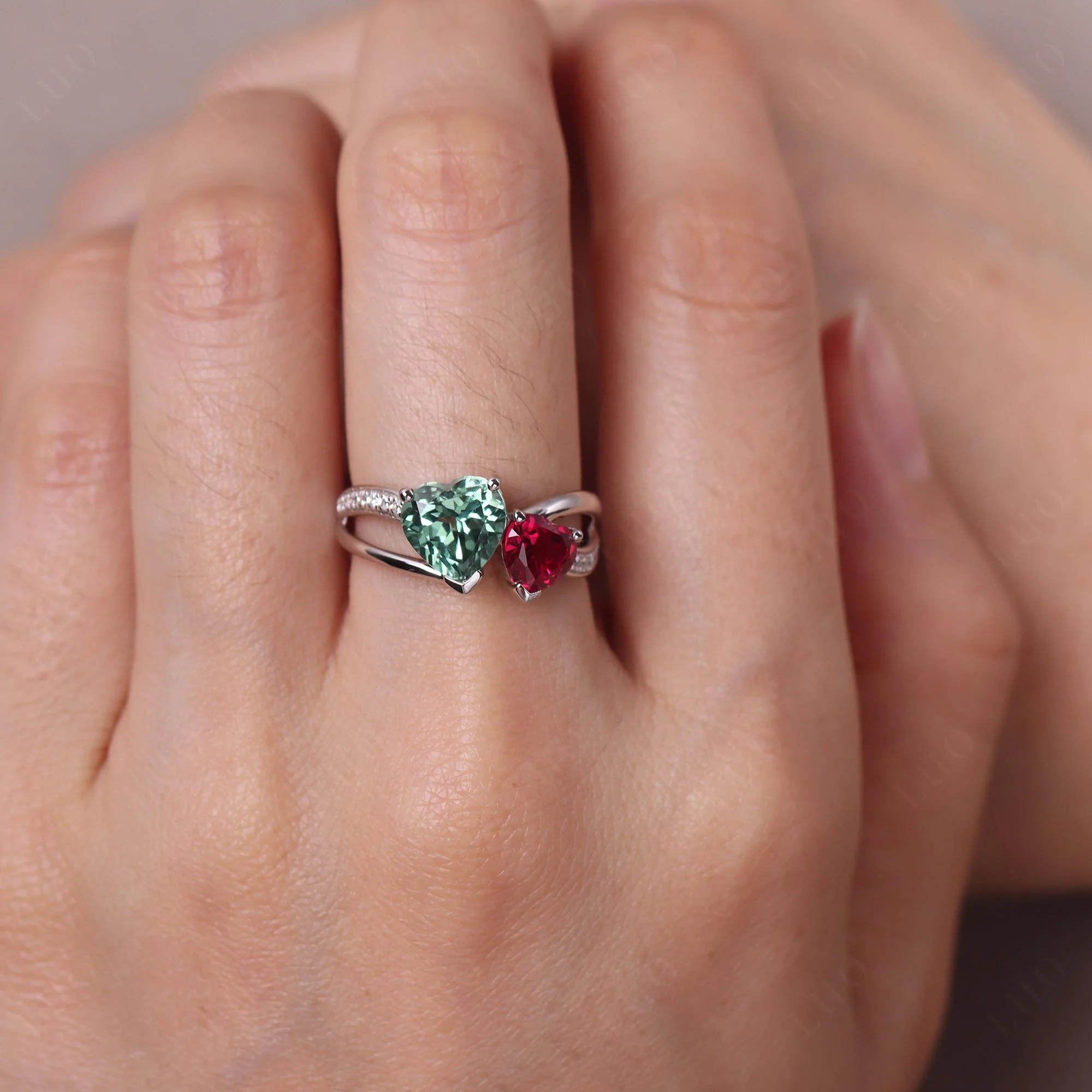 Heart Green Sapphire and Ruby Toi Et Moi Ring - Image 33