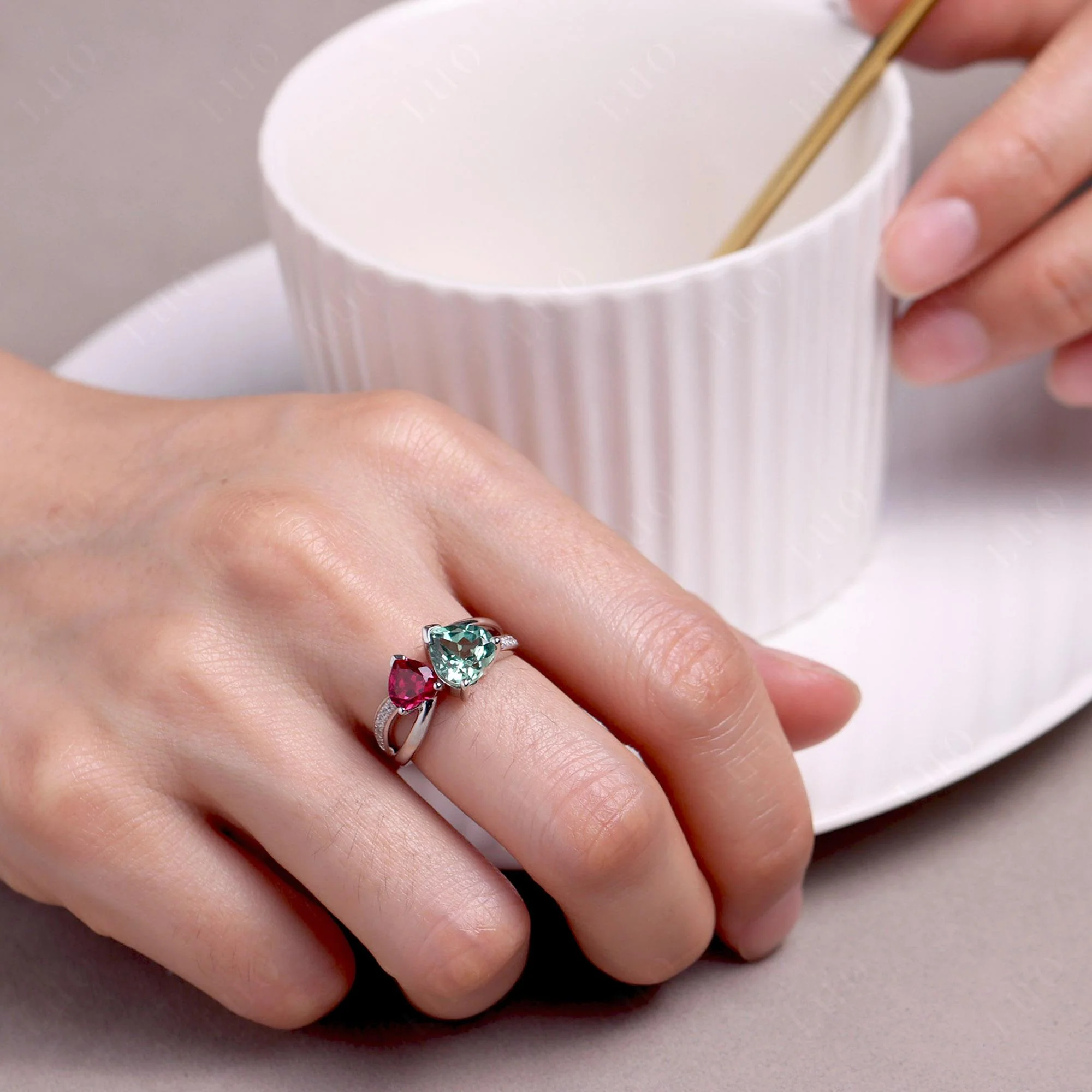 Heart Green Sapphire and Ruby Toi Et Moi Ring - Image 34