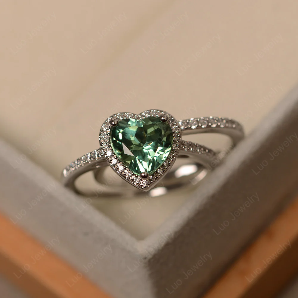 Heart Shaped Green Sapphire Halo Bridal Ring Set - Image 3