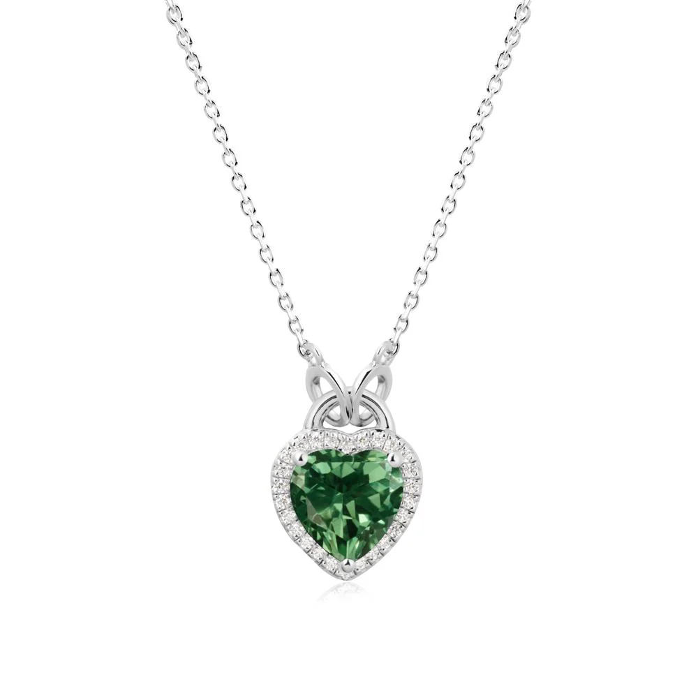 Heart Shaped Green Sapphire Halo Pendant Necklace - Image 2