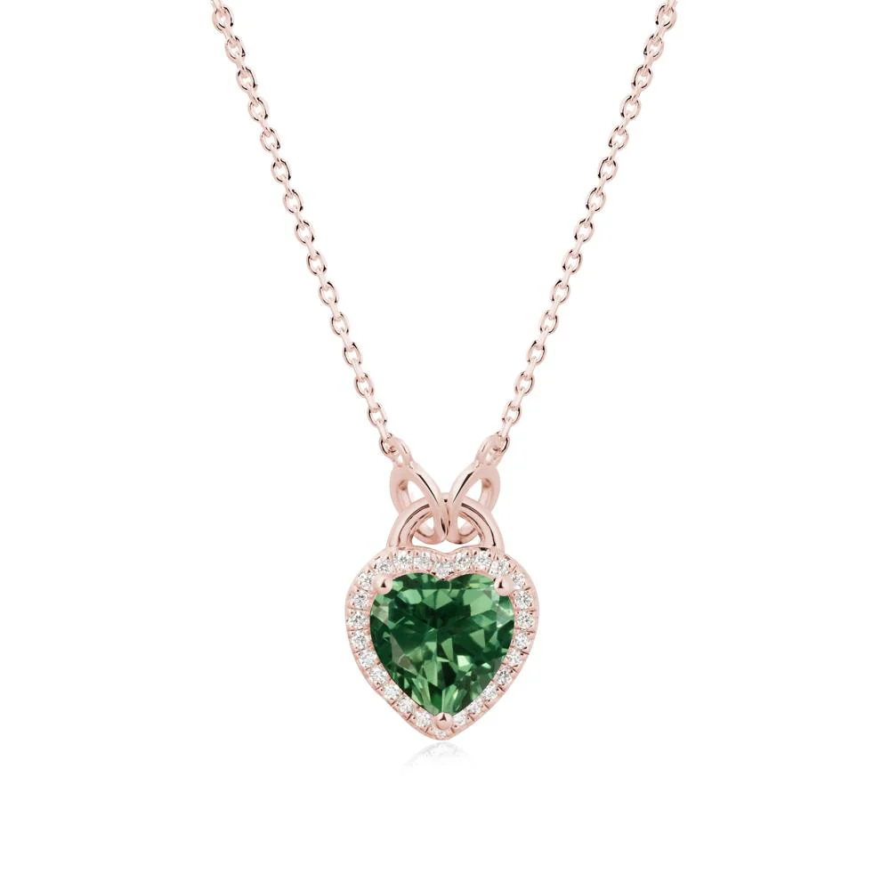 Heart Shaped Green Sapphire Halo Pendant Necklace - Image 4
