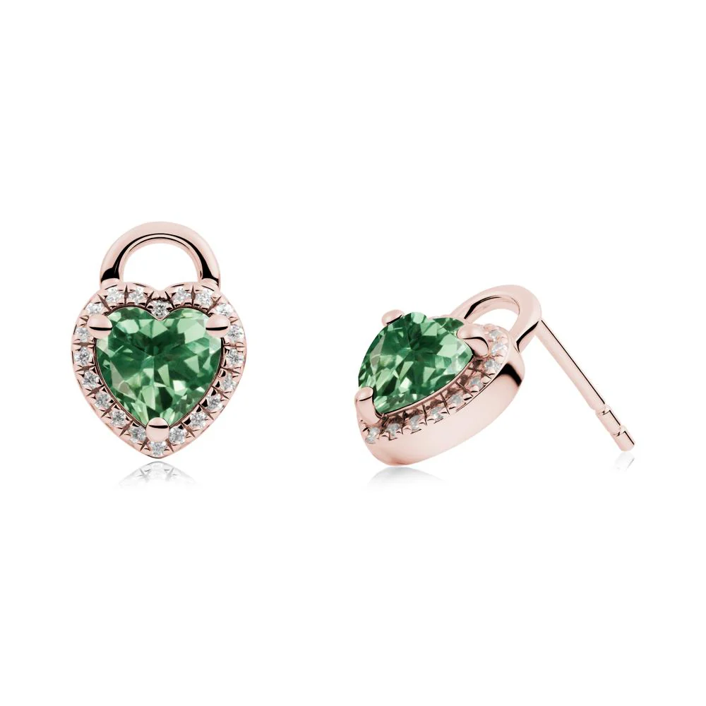 Heart Shaped Green Sapphire Halo Stud Earrings - Image 5