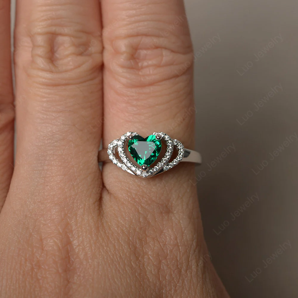 Emerald Double Halo Heart Ring - Image 3